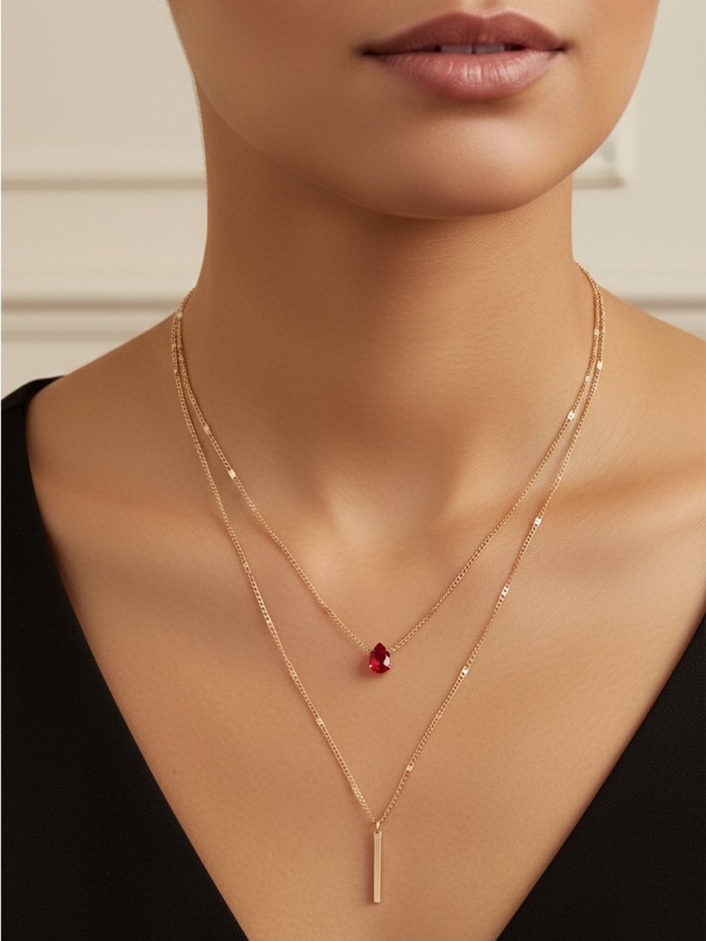 Gold Plated Layered Necklace with Red CZ Teardrop Pendant